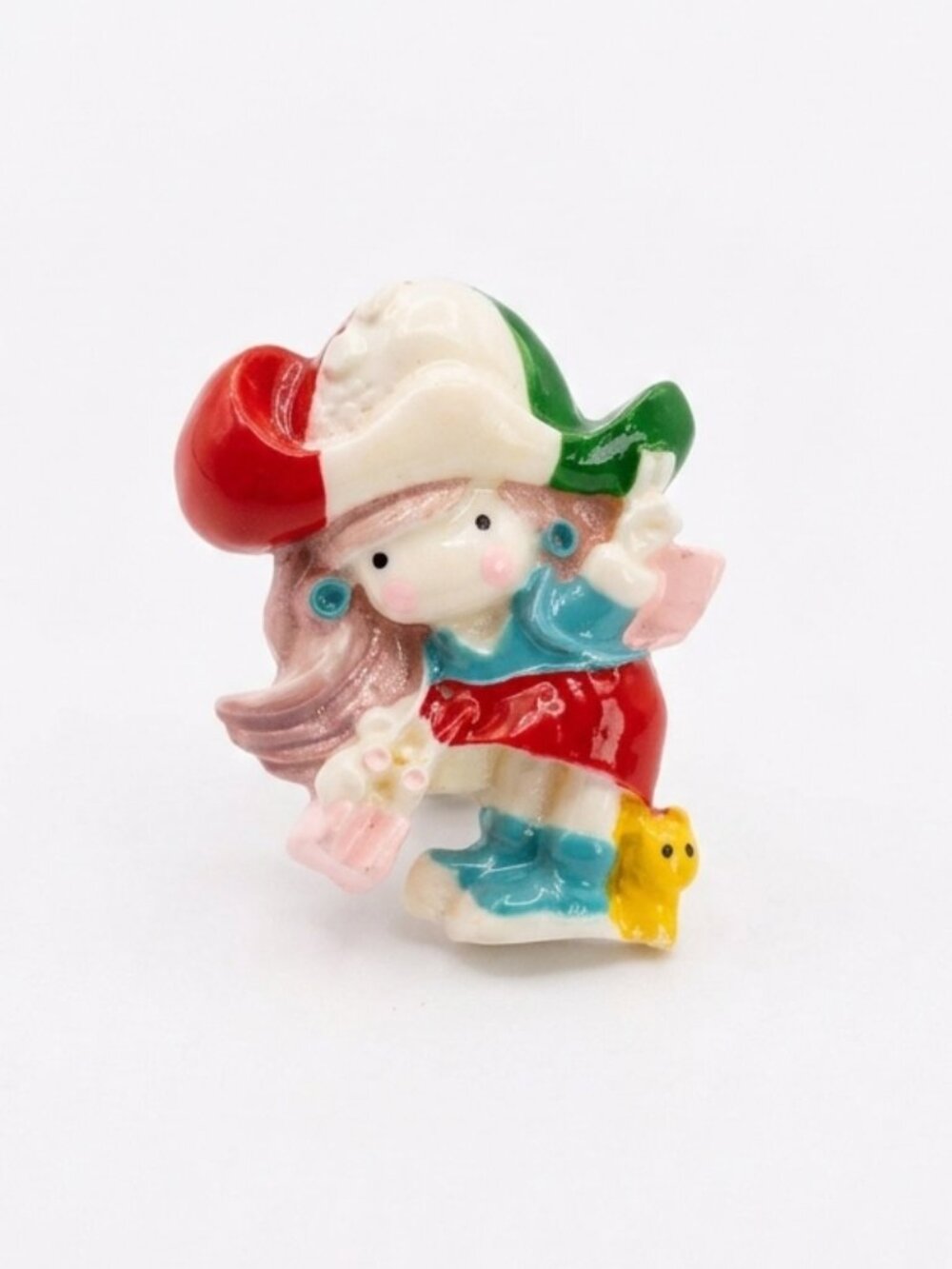 VINTAGE - 80' Colored Character with flowers & cat Brooch - ceramic